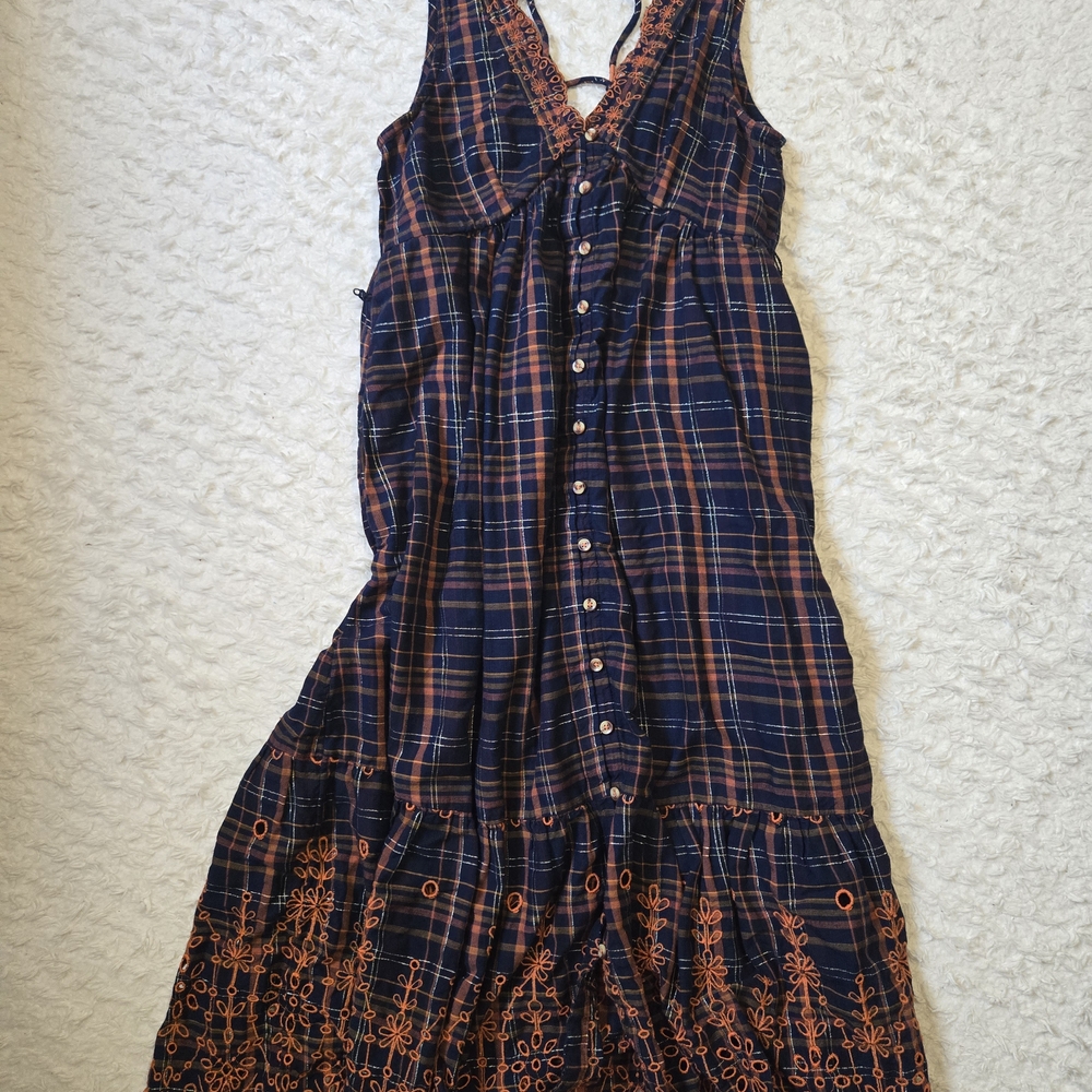 Anthropologie Navy and Orange Plaid Maxi Dress